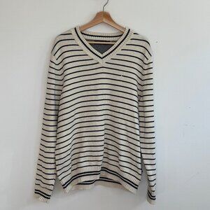 Navy and Off-White Striped Fisherman Aesthetic Knit V-Neck Sweater (Size Large)